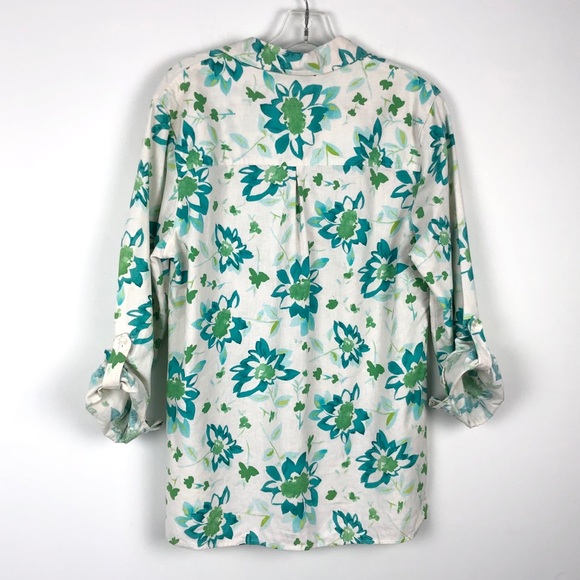 Kim Rogers Linen & Cotton Floral Button Down Top with Roll Tab Sleeves - Picture 6 of 12